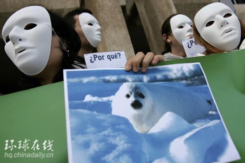 西班牙民众抗议加拿大捕杀海豹[组图]