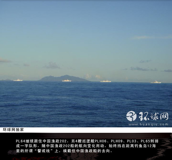 日本海上保安厅巡视船组成“警戒线”。图片来源：环球网