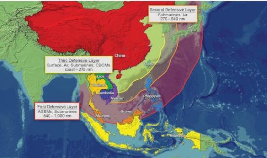 报告中标出的中国反舰武器打击范围