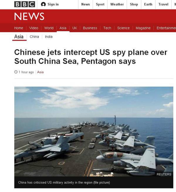外媒：中国两架军机在南海上空拦截美军侦察机