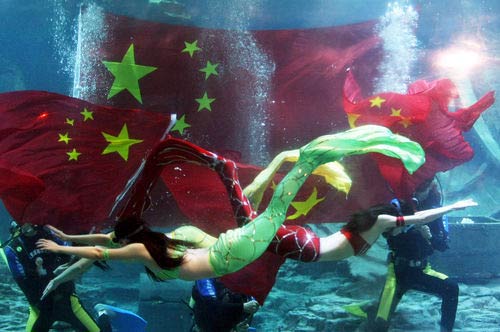 女人，美人鱼，爱国，庆祝，国旗