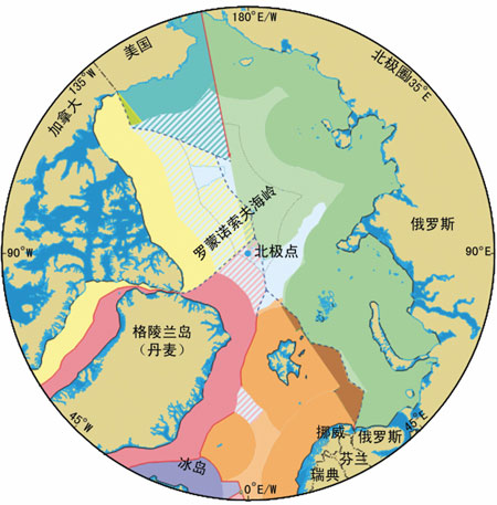 “北极地区的海事管辖和边界”示意图。这张地图于2008年8月公布，地图既显示了北极圈内各国已经划定的边界，也绘出了尚未划定或尚存争议的地区。来源：英国杜伦大学国际边界联合会（IBRU）