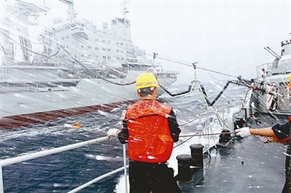 恶劣海况下舰艇补给训练。