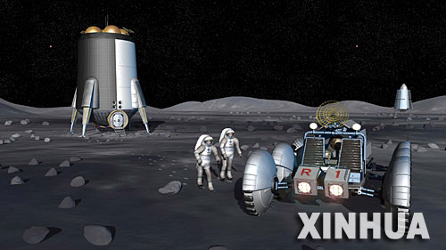 资料图片：这是美国宇航局公布的“重返月球”计划中可能进行的科学活动效果图。2006年12月4日，美国宇航局对外公布“重返月球”计划，其核心目标是在月球上建立永久基地，并以此为跳板，为人类登陆火星甚至探索更遥远的太空做准备。 新华社发