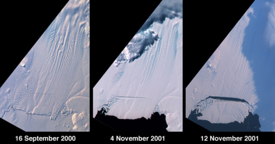三张照片显示的就是这一巨大冰山脱离的过程。