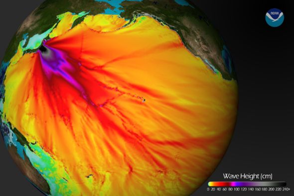 这是对日本8.9级地震引发海啸的示意图。这张图像中可以反映地震后24小时内海啸的传播路径模式 