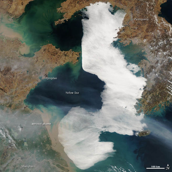雾云的覆盖面积大约为朝鲜半岛大小，从朝鲜湾(Korea Bay)延伸到中国上海，长约900公里。