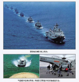 空中战鹰飞掠、海上舰船驰骋、滩头舟艇冲锋……日前，南海舰队某登陆舰支队，与海军陆战队某旅、海军航空兵某团等部队密切协同，演练了立体投送登陆兵、夺占目标阵地。图为登陆输送编队海上机动。据解放军画报