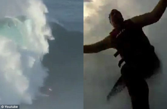 浪唇开始在麦克纳马拉上方形成(左)。他顺利完成冲浪冒险，创下世界纪录(右)。
