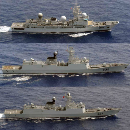 日本自卫队P-3C巡逻机14日拍摄到的三艘穿越宫古海峡的中国舰艇。