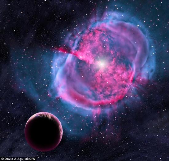 一位艺术家的构想图显示，一个地球一样的行星环绕一颗形成行星状星云的恒星轨道运行。在诞生初期，这个行星可能类似于最近发现的Kepler-438b。