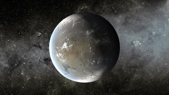 Kepler-62f艺术示意图，这颗行星比地球直径大了约60%。科学家们认为假如其大气成分适合，那么它的表面可能会存在海洋