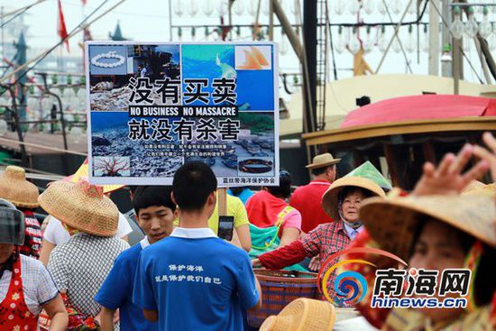 一位商贩正在观看海洋保护动物宣传资料。南海网记者