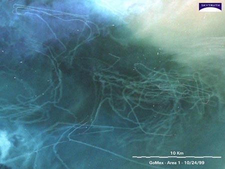 卫星拍到捕鱼船掀起27公里长海底沉积物(图)
