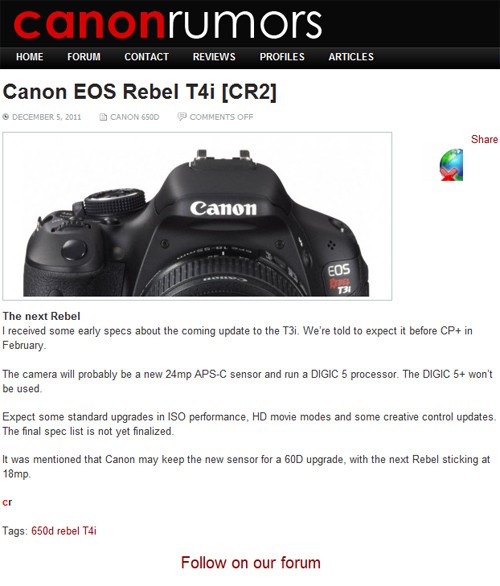 两大规格分歧 外媒曝光佳能EOS650D新品
