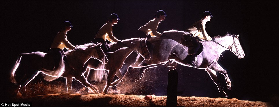 Playful pony: A Welsh pony and her rider a photographed galloping around some stables at half second intervals