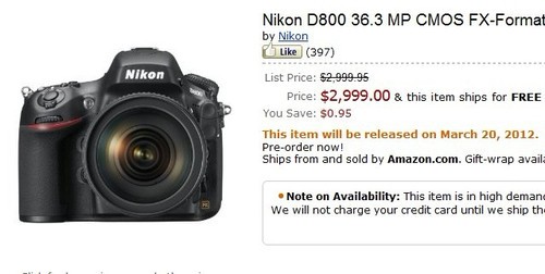 D800售价2999美金 亚马逊上市