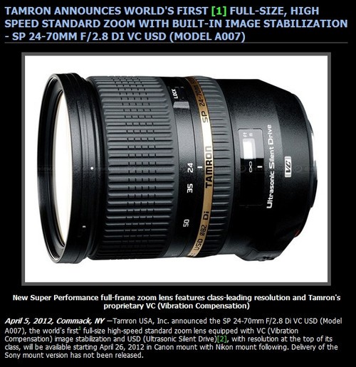 相对更低 腾龙24-70mm VC美洲定价出炉