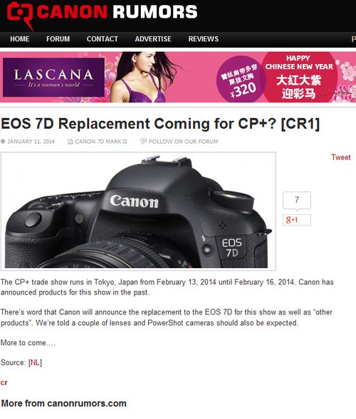 外网传闻佳能下月发布EOS 7D升级版新品