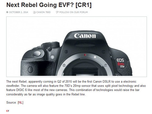 加入EVF？外网传闻佳能年底发布EOS 750D