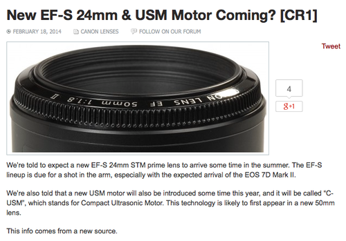 传佳能夏季发布7D2和EF-S 24mm STM镜头