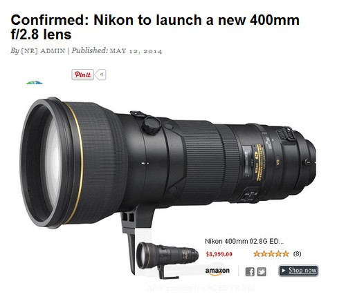 迎世界杯 外网传尼康将发新400mm F2.8头