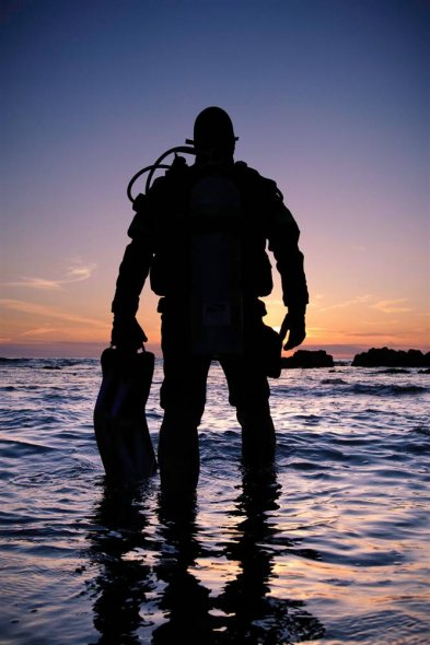 夕阳下的潜水员，美国加州蒙特雷