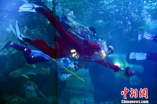 5月26日，在传说“八仙过海”的地方山东蓬莱上演了水下“八仙过海”的好戏。　蔡红文　摄